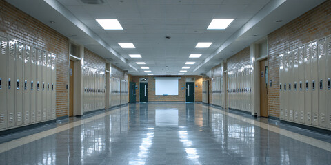 Fototapeta premium Empty School Corridor with Lockers and Bright Overhead Lighting