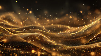 Abstract Golden Wave Background with Bokeh Lights, Elegant and Luxury Design, Glitter Texture