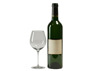 Isolated Green Wine Bottle with Blank Label and Glass