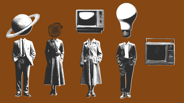 Surreal vintage set with man and woman figures having objects as heads, including television, planet, and lightbulb. Monochrome collage vector illustration.