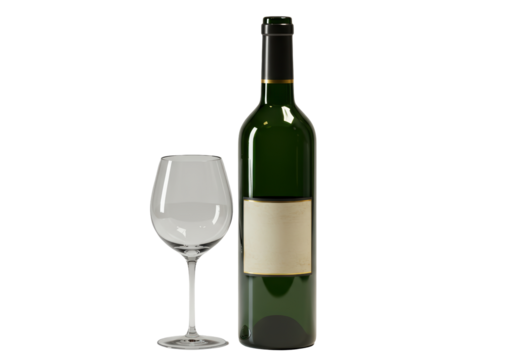 Isolated Green Wine Bottle with Blank Label and Glass