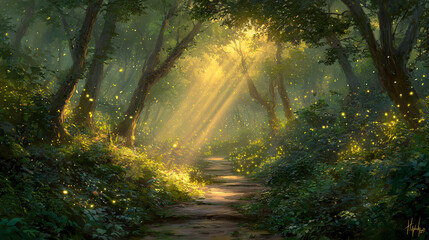 Obraz premium Sunlit Path Through a Lush Forest A Serene Landscape of Light and Nature