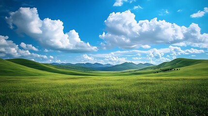 Fototapeta premium Green hills and blue sky with clouds in scenic landscape 