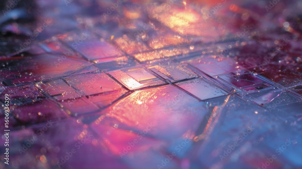 Poster macro shot of a translucent surface filled with embedded microchips reflecting the dynamic hues of c