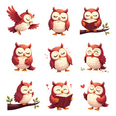 Obraz premium Adorable Red Owls: A Collection of Cute Avian Illustrations