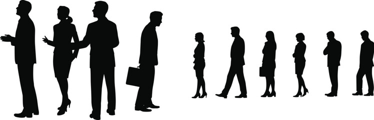 Silhouettes of business people standing, walking, conversing, professional team communication, office meeting, corporate collaboration, teamwork, leadership, business discussion, networking, office 