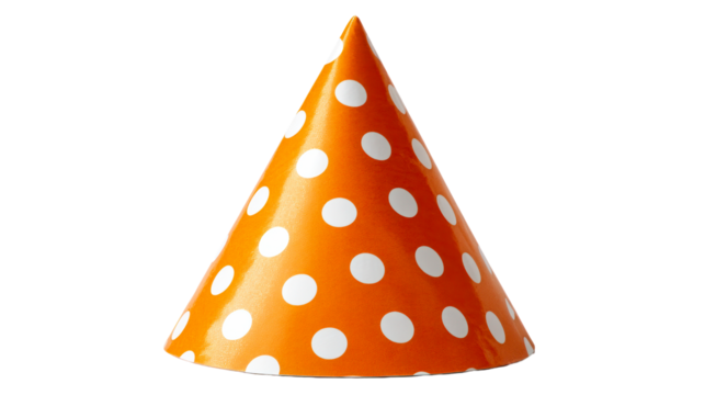 Bright orange party hat with white polka dots for celebrations
