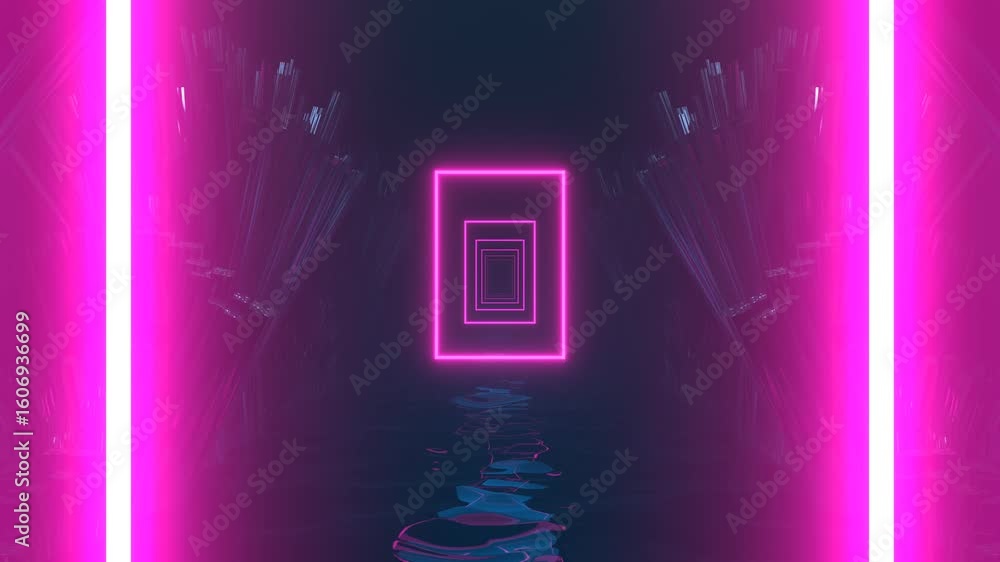 Poster a futuristic neon-lit tunnel with glowing pink rectangular frames receding into the distance, reflec