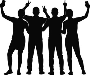 Silhouette of four people taking selfies with smartphones, showing peace signs, casual friends having fun, group selfie, social media moment, celebration joy