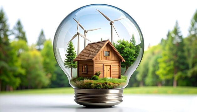 A wooden house inside a lightbulb, surrounded by nature
