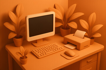 Modern minimalist workspace setup featuring a computer, keyboard, mouse, printer, and potted plants in a warm monochromatic orange aesthetic