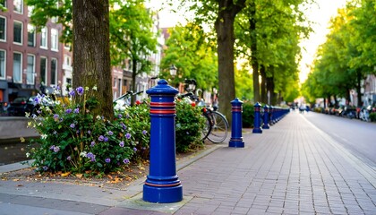 European city street scene with vibrant blue bollards