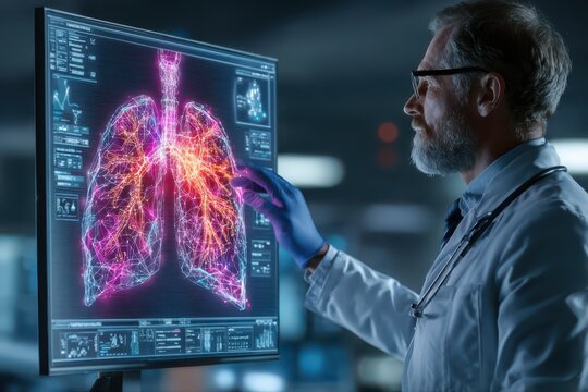 A pulmonologist wearing a lab coat is carefully reviewing a lung scan on a computer screen with the assistance of artificial intelligence. The screen displays a detailed human model of the lungs. - Powered by Adobe