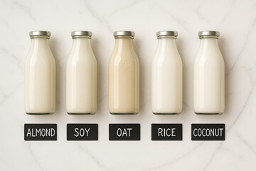 Flat Lay of Five Vegan Milks in Clear Bottles with Chalk Labels on Marble Surface