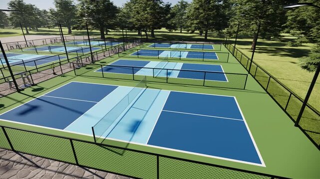aerial video of outdoor blue and green pickleball tennis courts equipped with fencing , high table seating,  floodlights, and surrounded by trees. 4k footage