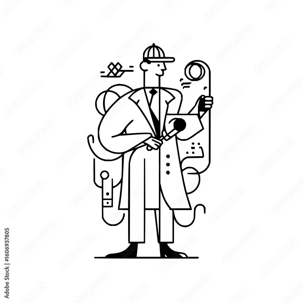 Aufkleber illustration of a man in a suit and cap holding a microphone and a device with a circular element