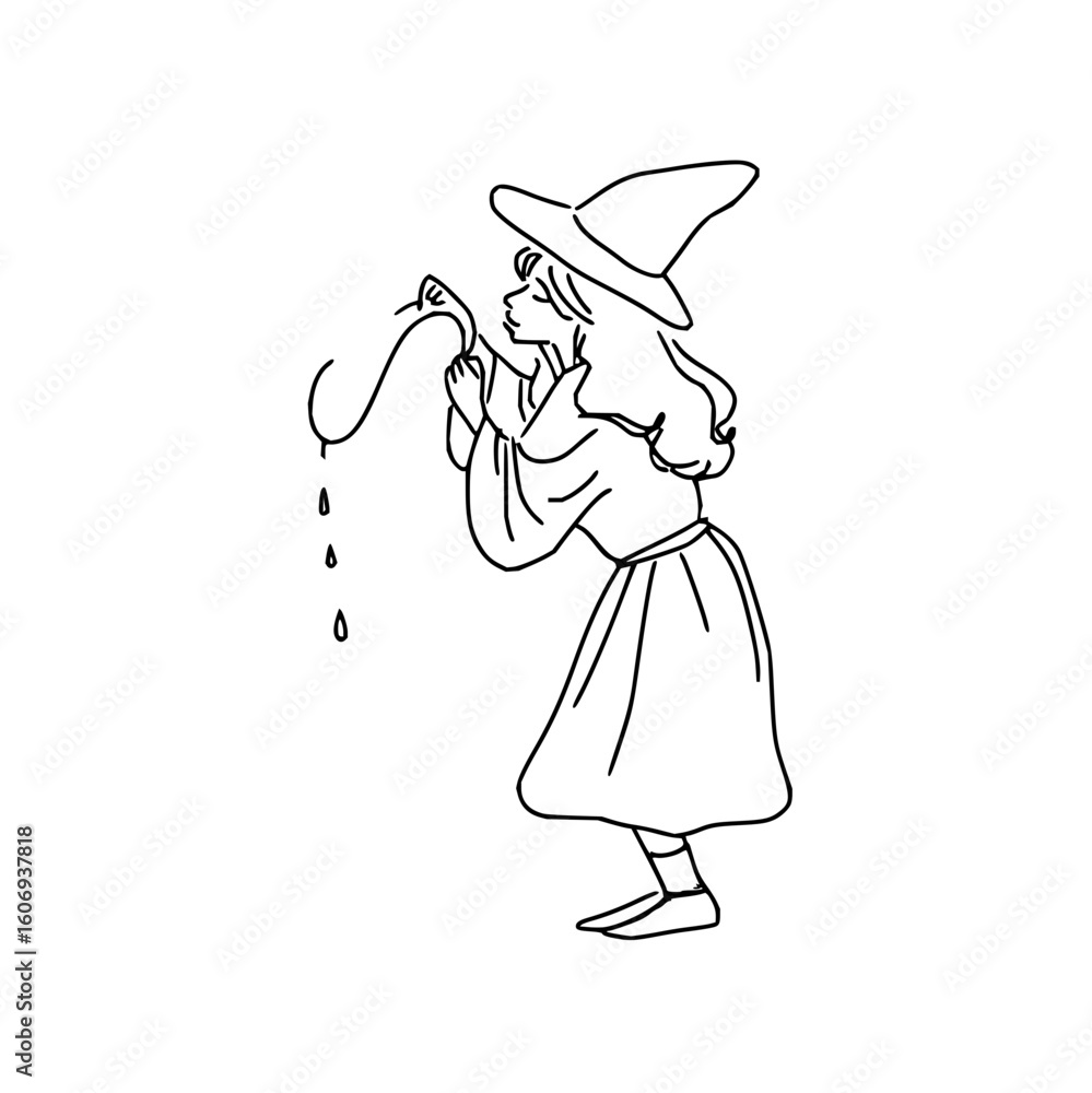 Poster line drawing of a witch in a pointed hat blowing bubbles with three drops falling in black and white