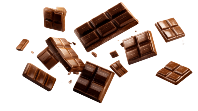 Chocolate bars and pieces flying in a dynamic display