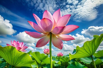 A beautiful pink lotus flower opens its petals towards the bright blue sky with clouds