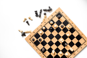 Top view of chess pieces and chessboard during the game