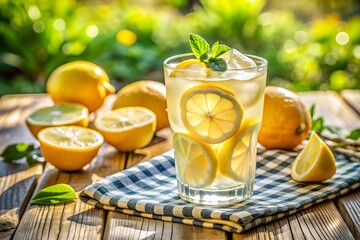A refreshing glass of lemonade with lemon slices and mint on a rustic wooden table, bathed in warm sunlight