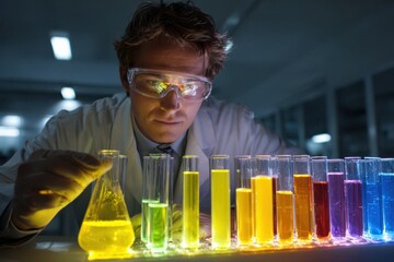 A man in a lab coat and goggles conducting a chemistry experiment in a science laboratory.