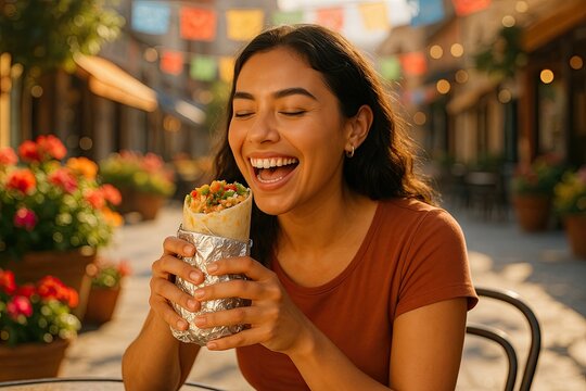 Young Hispanic Woman Joyfully Eating Large Burrito Wrapped in Foil at Vibrant Outdoor Cafe