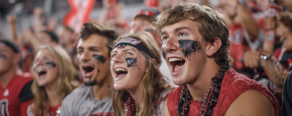 Students enthusiastically support their college team during an exciting sports event in the stadium at night