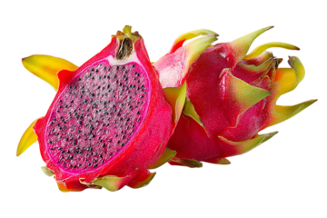 A vibrant pink dragon fruit is sliced in half, revealing its speckled flesh on transparent background