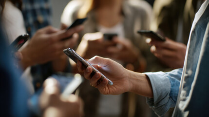 Close-up of multiple people's hands holding and interacting with smartphones, illustrating digital communication, social media, and technology use in a group setting