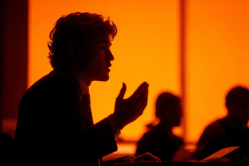 Law student presents mock case in classroom during evening session with vibrant orange background