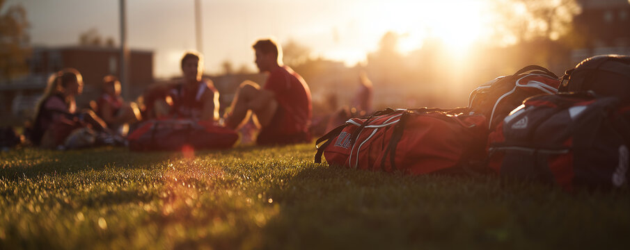 Student athletes unwind on the grass after an intense training session at sunset