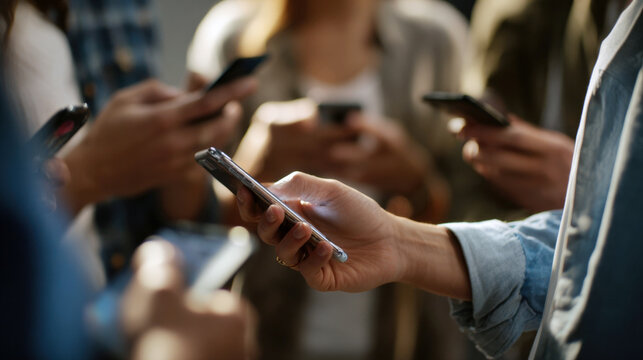 Close-up of multiple people's hands holding and interacting with smartphones, illustrating digital communication, social media, and technology use in a group setting