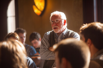 Professor leads discussion on ethics with engaged students in a university classroom setting