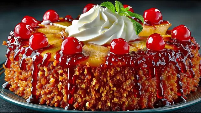 Delicious pineapple upside-down cake topped with cherries and whipped cream, featuring a moist golden texture and glossy fruit glaze
