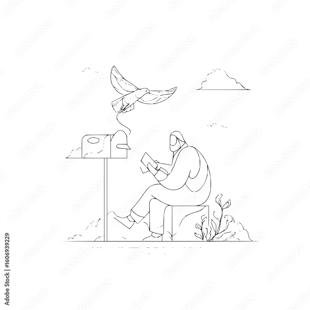 Poster man with beard reading a letter while sitting near a mailbox with a bird flying above in a line draw