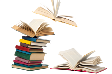 Dynamic composition of a colorful book stack and open books, one floating, on white. Represents education, knowledge, learning, wisdom, research, and lifelong intellectual pursuit.