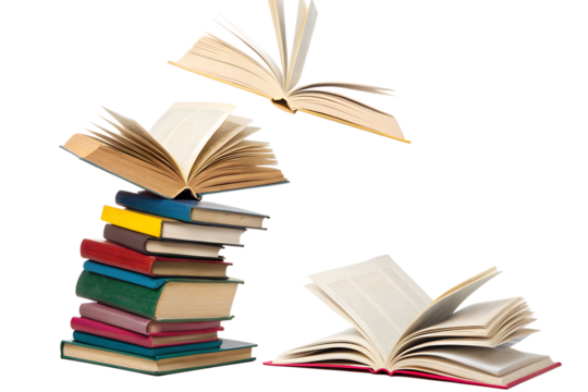 Dynamic composition of a colorful book stack and open books, one floating, on white. Represents education, knowledge, learning, wisdom, research, and lifelong intellectual pursuit.