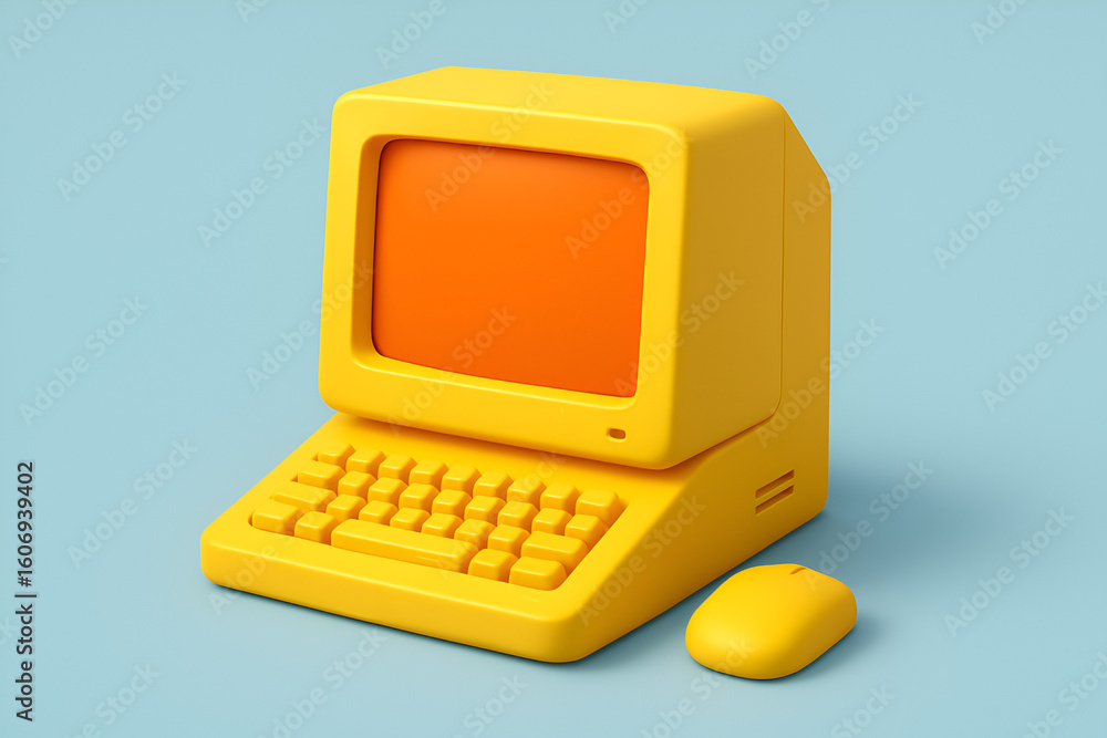 Poster retro yellow computer and mouse with vibrant orange screen, perfect for nostalgic tech or creative p