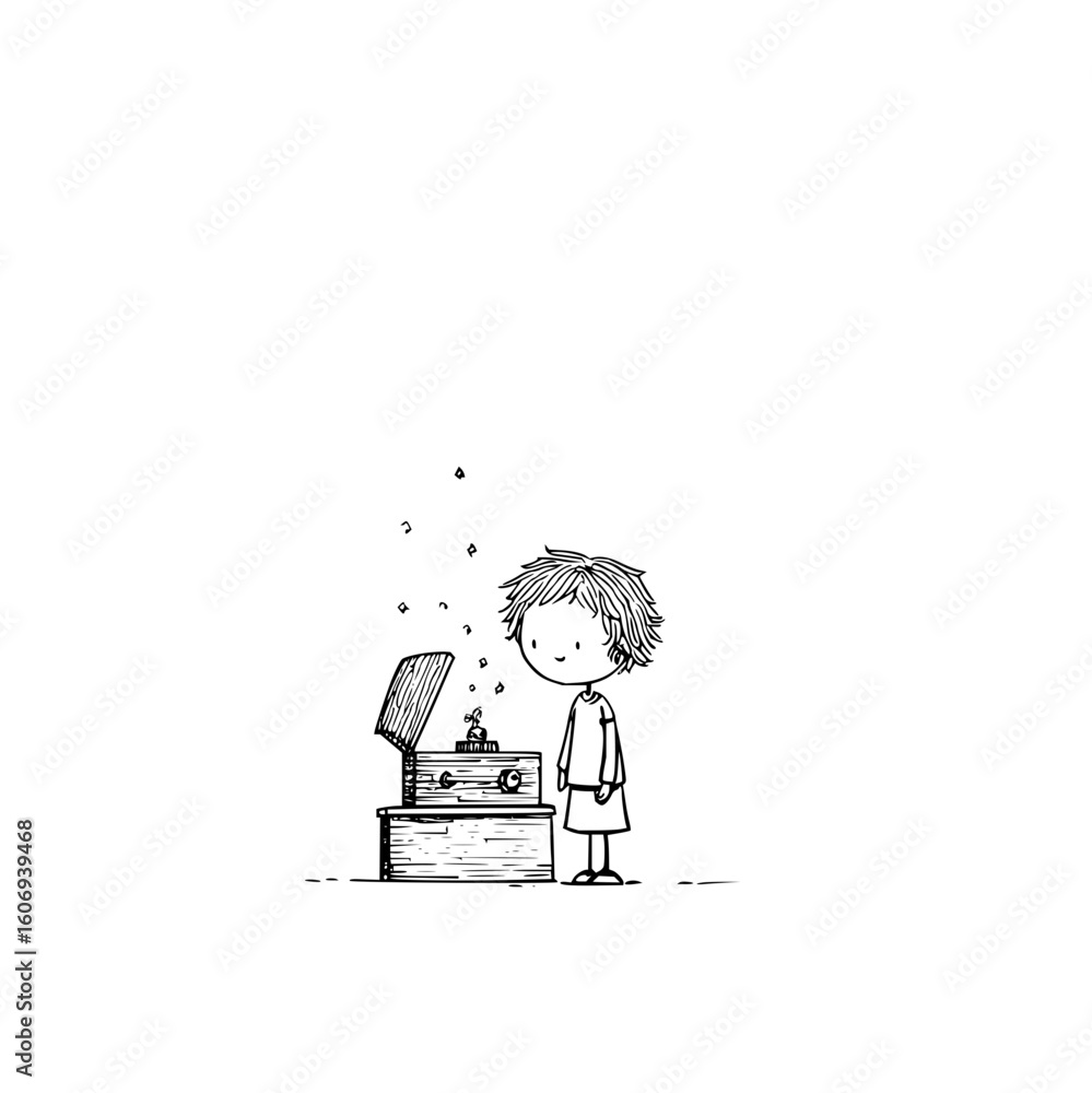 Poster a whimsical sketch of a child gazing at a treasure chest with floating sparkles and a small object o