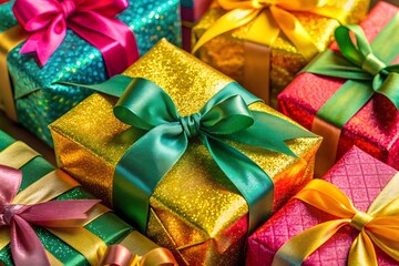 A vibrant collection of brightly wrapped gift boxes adorned with colorful ribbons and bows, ready for a festive celebration