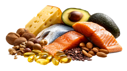 Healthy food selection featuring salmon, avocado, nuts, and cheese