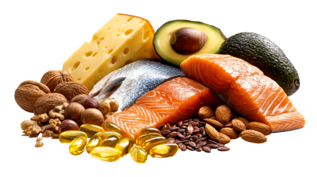 Healthy food selection featuring salmon, avocado, nuts, and cheese