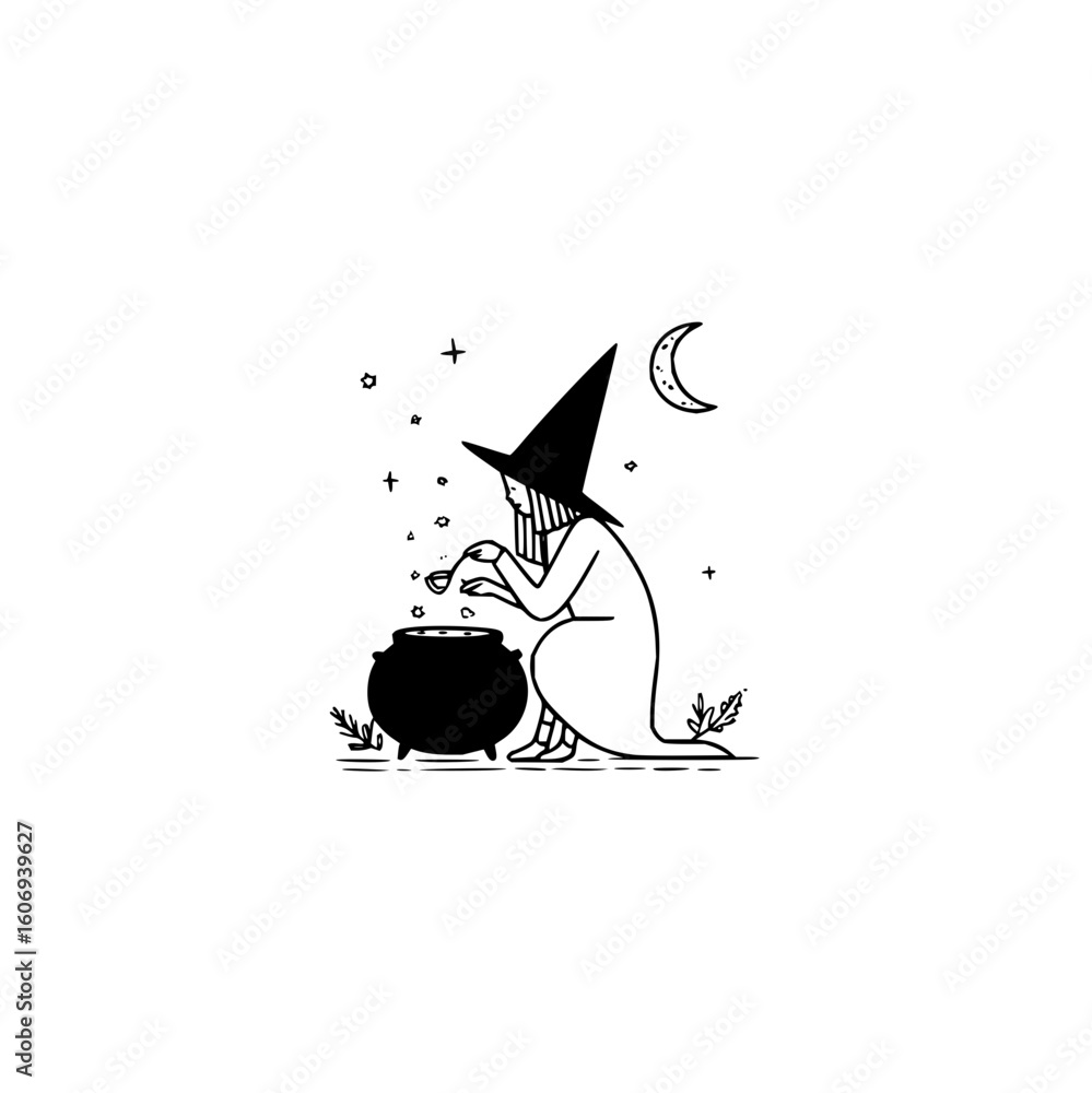 Poster tech witch brews code in cauldron under moon and stars creating digital magic for software solutions