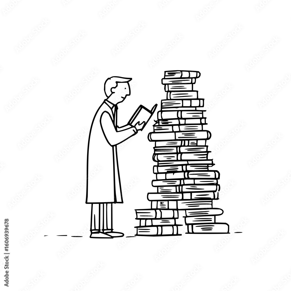 Poster tech knowledge management: man reading books for information technology and software development ski