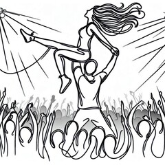 Music festival date and woman being lifted by man in excitement at a concert crowd  