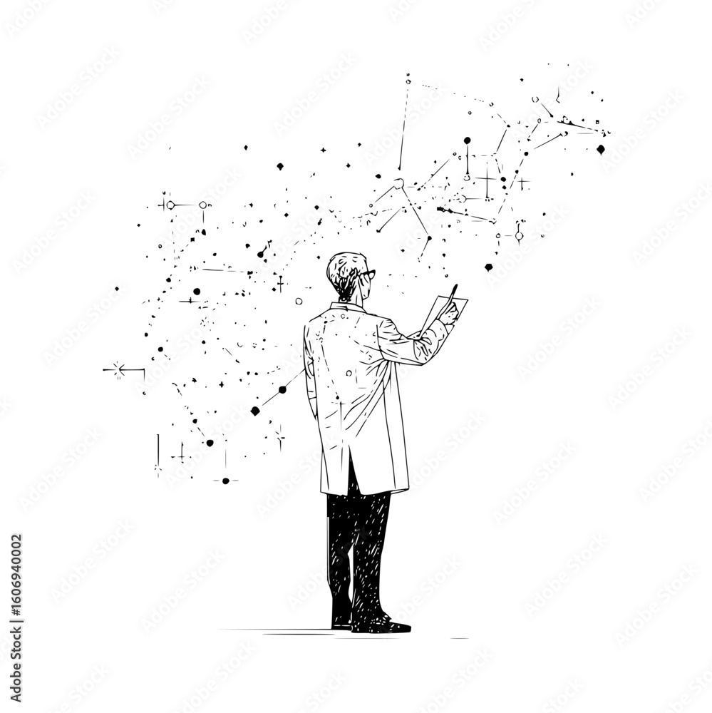 Poster scientist analyzing data network connection artificial intelligence research and development concept