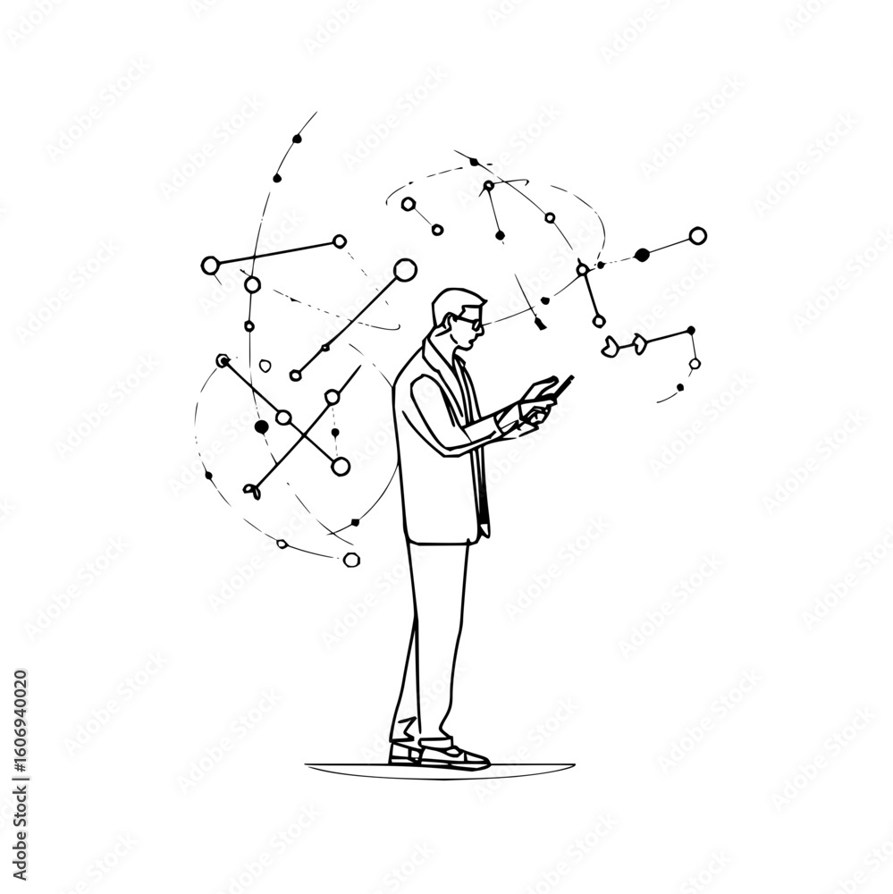 Poster man using mobile technology for business communication and data analysis in a digital network world