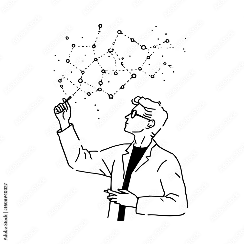 Poster tech expert analyzing data network diagram, scientist working on data visualization, ai research