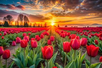 A vast field of vibrant red tulips stretches towards a breathtaking sunset, with the golden light illuminating the sky and landscape